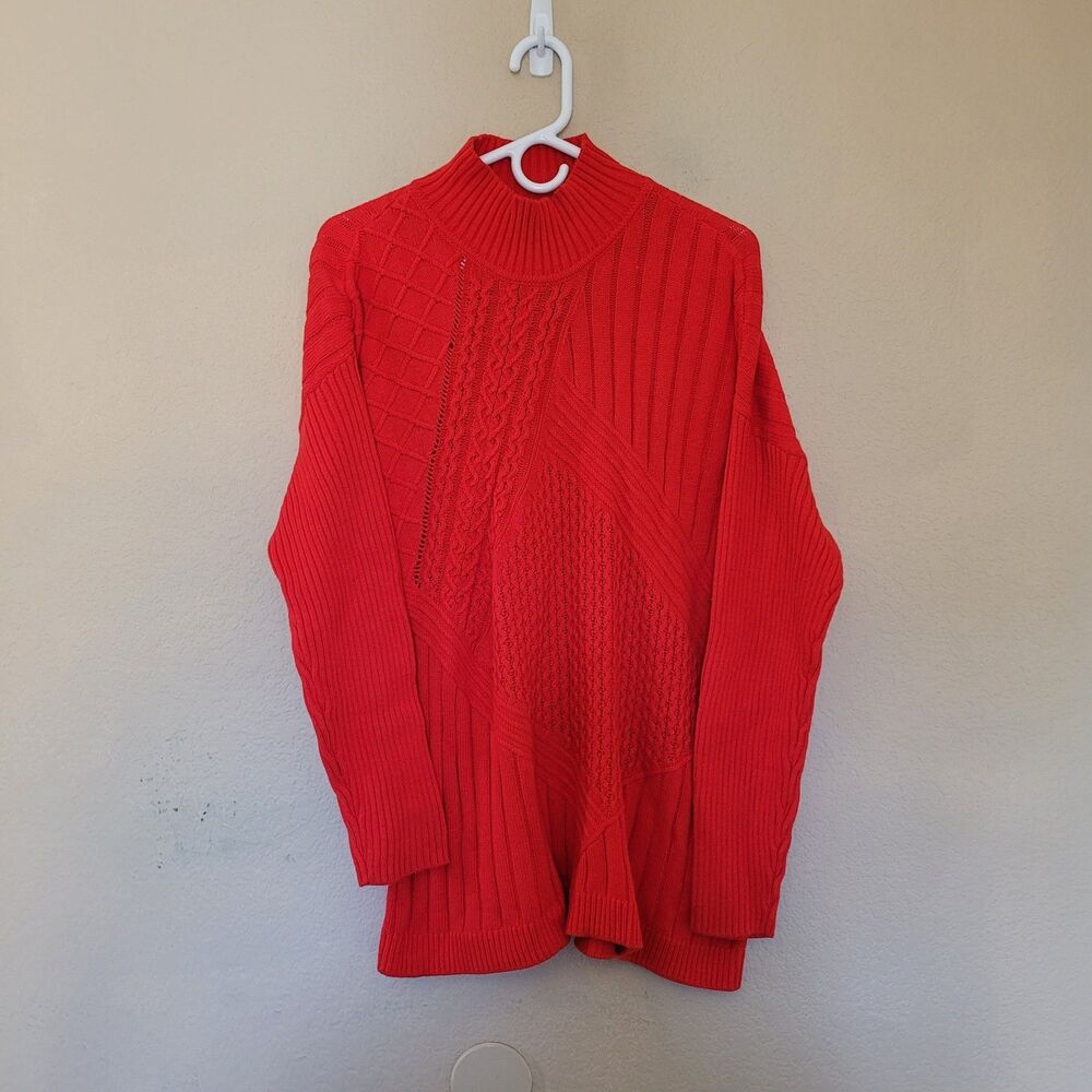 Jones New Yorkl Cable Knit Ribbed Turtleneck Red Sweater Womens Xl Asymmetrical